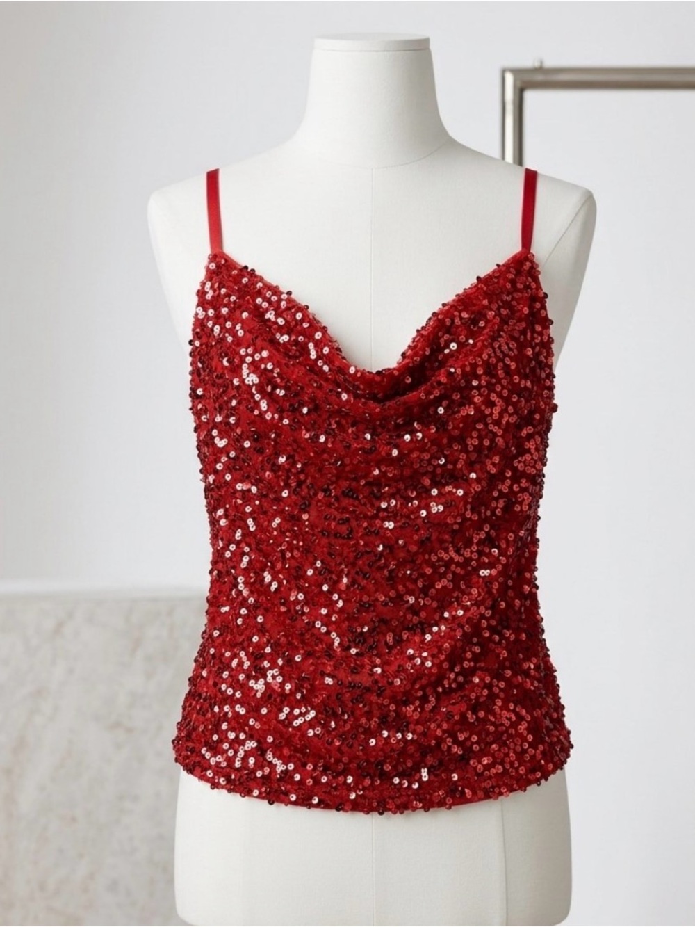 Women’s Express Red Sequin Cowl Neck Top Christmas party holiday size M